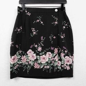 VTG 90s Floral Wrap Skirt Flowy Feminine Whimsigoth Dark Romantic Black Pink M
